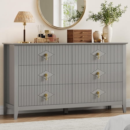 Grey 54 Wide Fluted 6-Drawer Dresser – Modern Wooden Chest with Metal Handles Storage Organizer for Bedroom Living Room Hallway Entryway