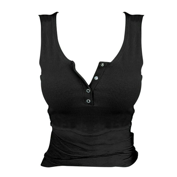 TODOZO Tank Tops for Women Ribbed Summer Casual Cute Sleeveless Henley Shirts Beach Vacation Clothes Stretch Slim V Neck Basic Tees Button Up Cami Knit Tees Womens Tank Tops Summer Black Xxl