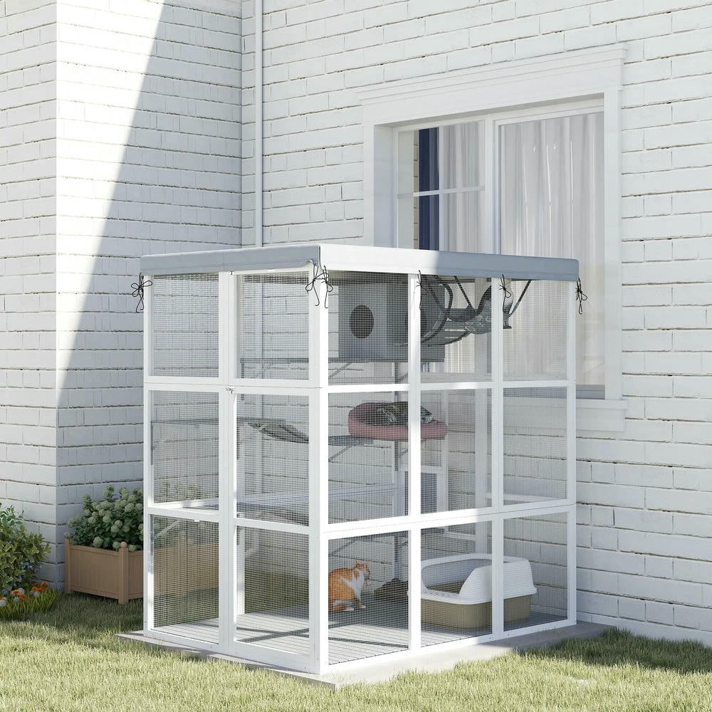 GVN Cat Catio Enclosure, Cat Cage House,Large Outdoor Catio Cat Enclosure with Hammock, Condo, Jump Platforms, Ladders, Ramps, Tarp, Gray