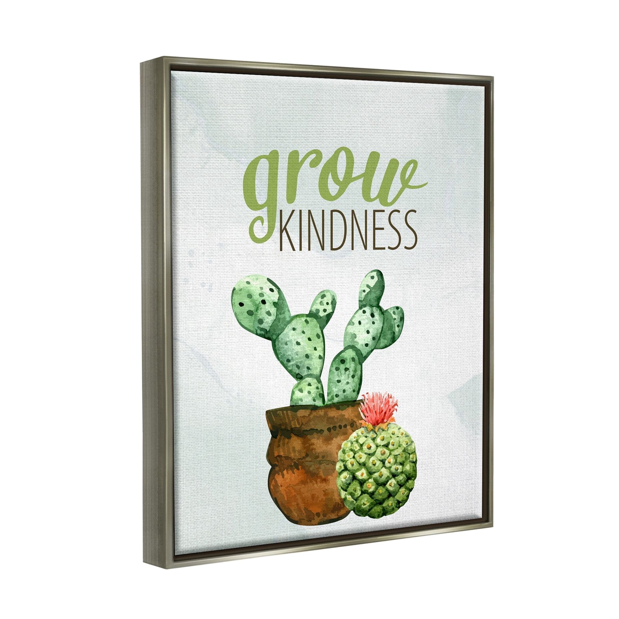 Stupell Industries Grow Kindness Calligraphy Phrase Potted Cactus Plants Graphic Art Luster Gray Floating Framed Canvas Print Wall Art, Design by Kim Allen
