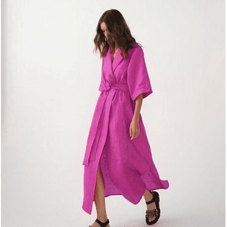 

Hopiumy Women Casual Wrap Waist Half Sleeve Office One-piece Dress Solid Color V-neck Lapels Lace Up Hem Slit Long Dresses