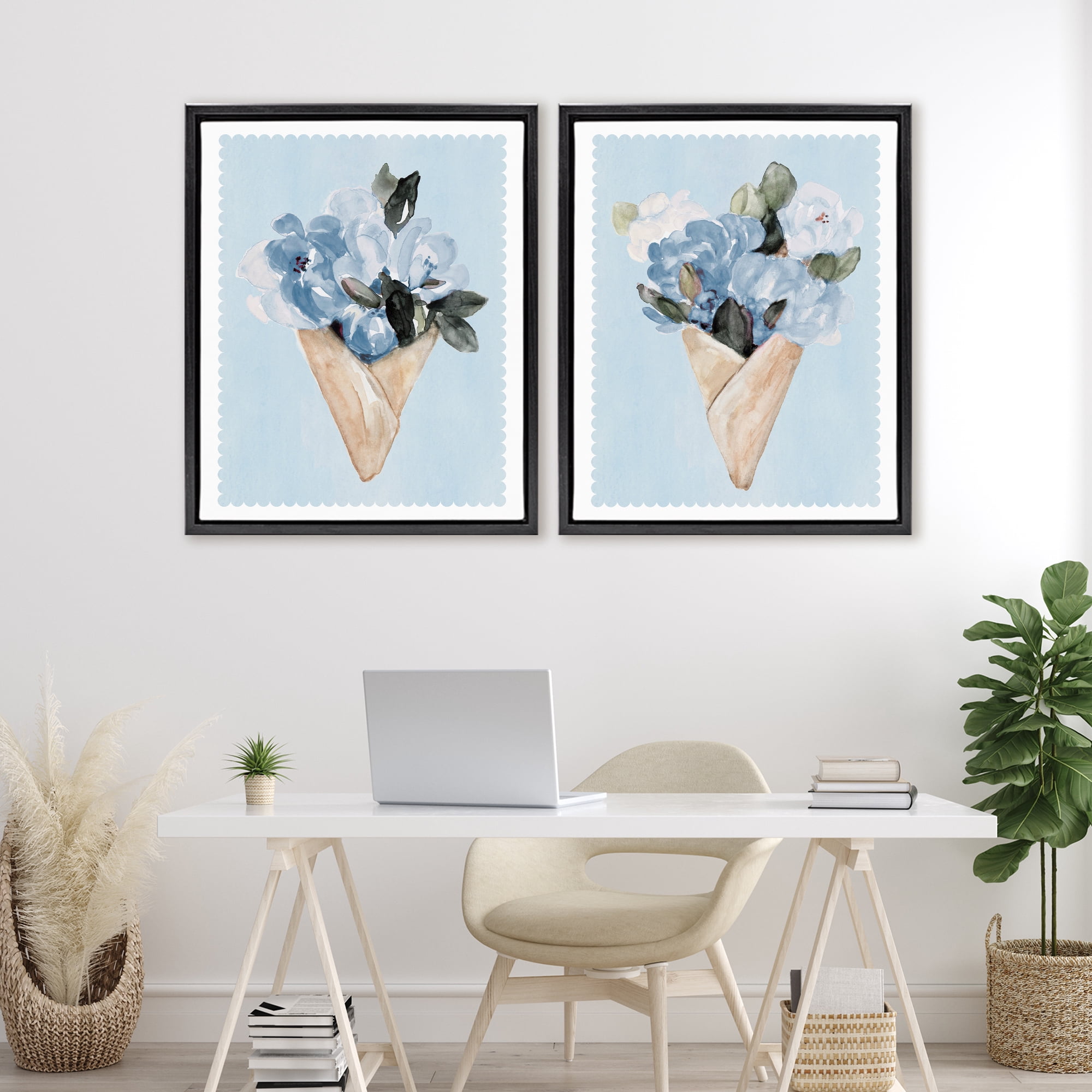 Stupell Industries Blue Flower Gift Bouquets 2 Piece Black Framed Floater Canvas Set, design by Lanie Loreth