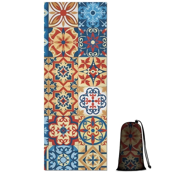 Multicolor Ethnic Geometric Patchwork Pattern Hot Yoga Mat Towel Non Slip for Hot Yoga - Quick-Drying Yoga Mat Cover with 4 Corner Pockets with Travel Bag - Hot Yoga Towel Non Slip 70"x26"
