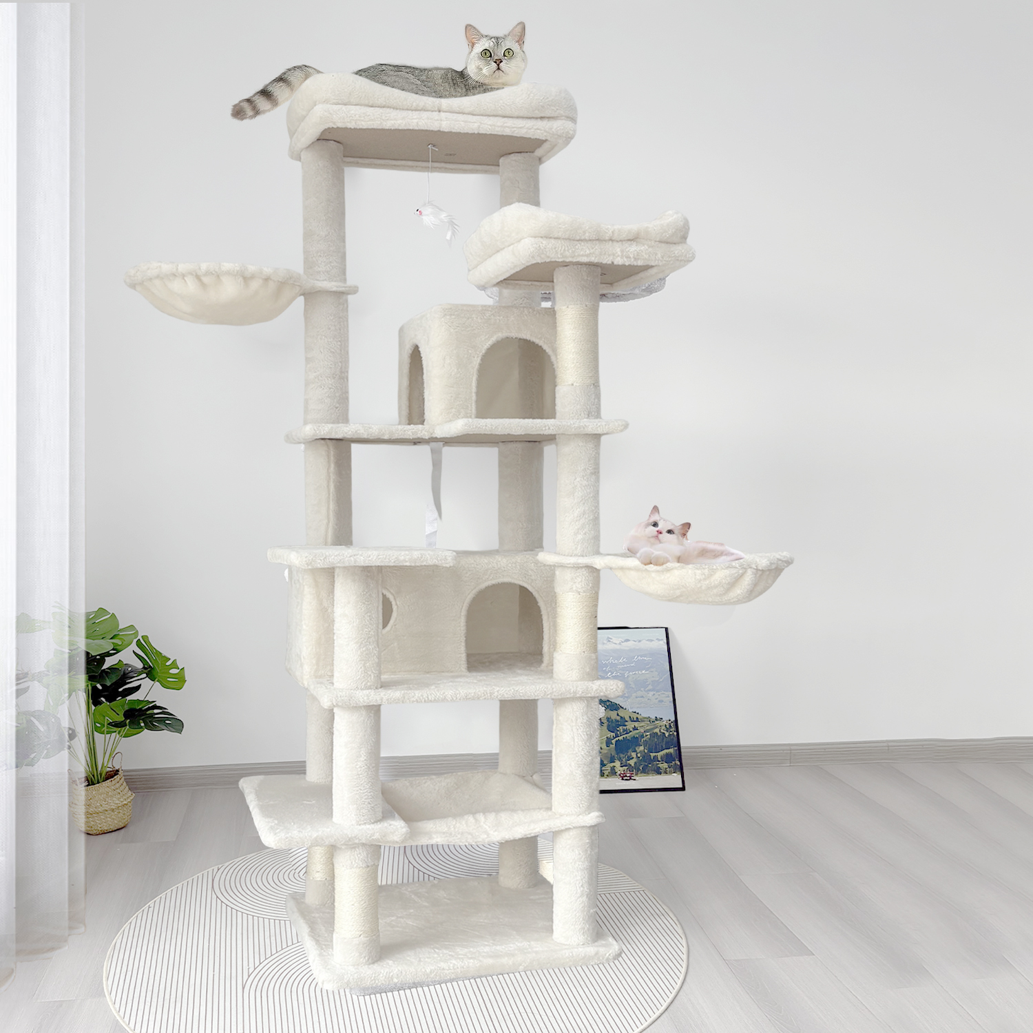Zephypaws 68in Cat Tree,Multi-Level Cat Tower for Indoor Cats,2 Widened Plush Perches Cat Condo with Scratching Post,Big Caves,Beige