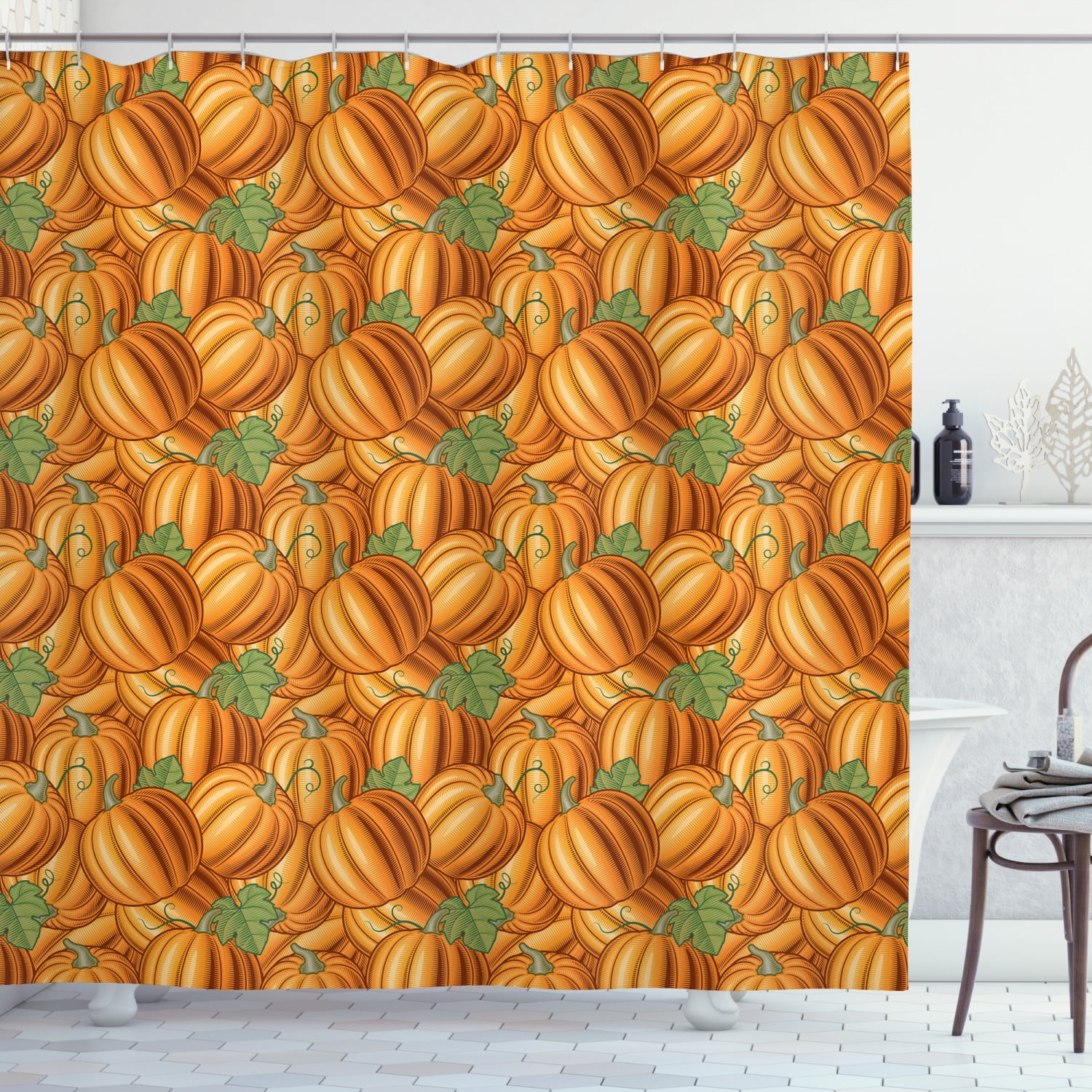 Harvest Shower Curtain, Pumpkins in a Vibrant Colored Pattern Natural