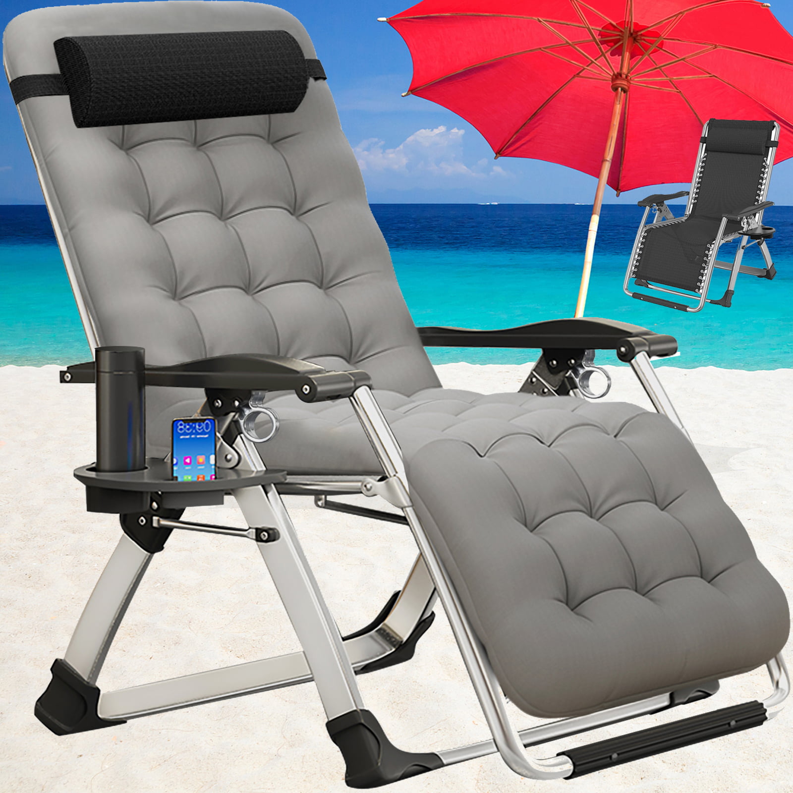Portable Heavy Duty Deck Chair Garden Patio Beach Fishing Zero Gravity Chair  with Armrest Cup Holder - China Zero Gravity Chair, Beach Chair