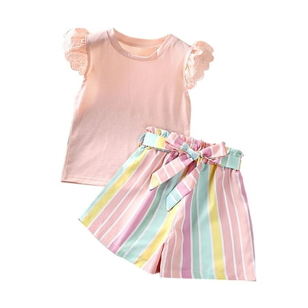

CLZOUD Pastel Dresses for Girls Pink Polyester Toddler Girls Pants Outfits Casual Party Fly Sleeve Round Neck Pink Tops T Shirt + Striped Shorts with Belt 130