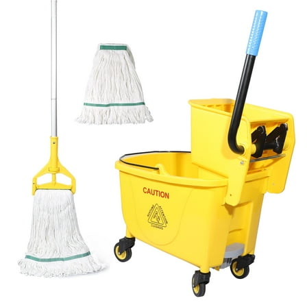 35-Qt Side Press Wringer Combo Commercial Floor Cleaning Rectangular Mop Bucket on Wheels,  Yellow,Add One Mop and One Mop Head Replacement