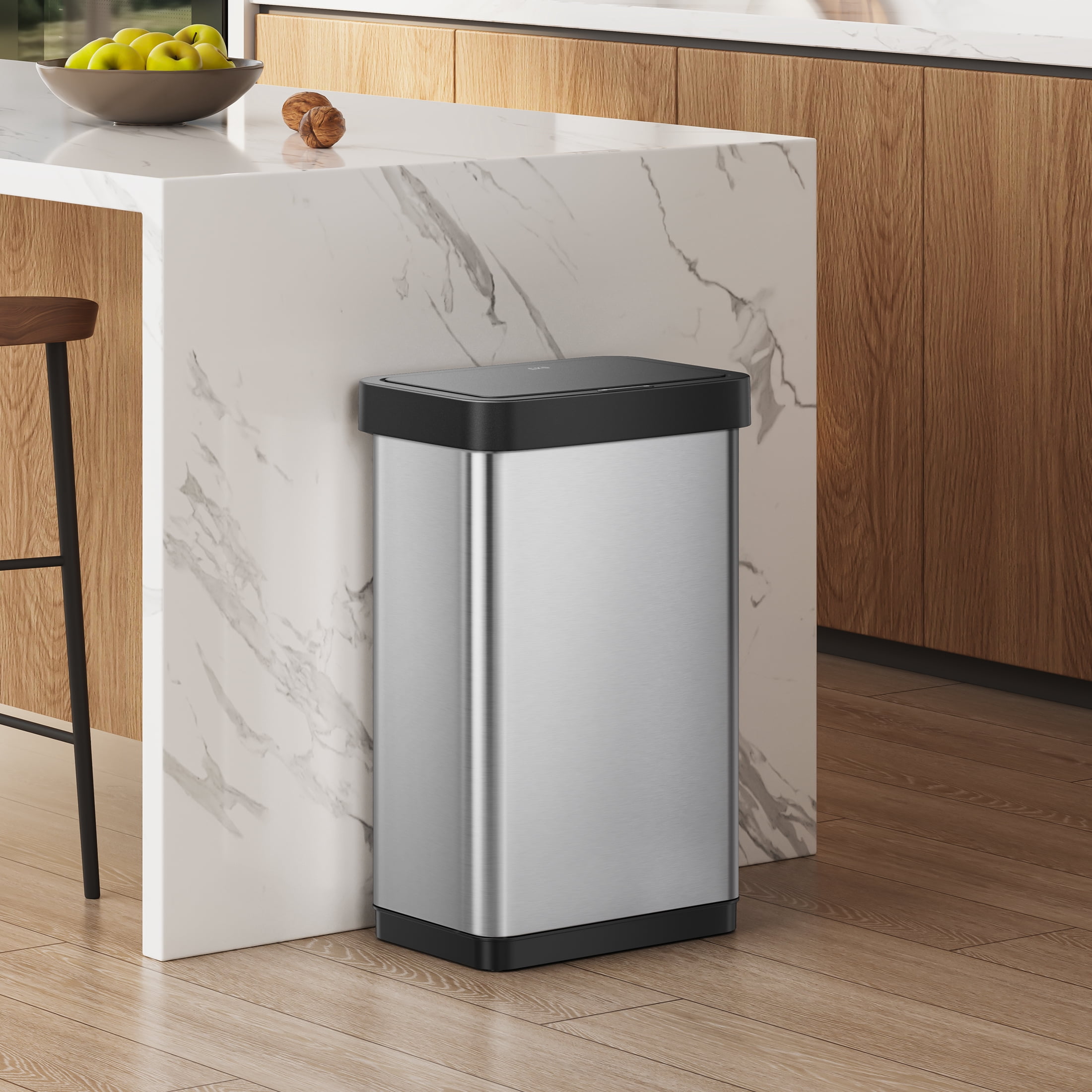 EKO Horizon Lite Kitchen Trash Can, 13.2 Gallon Brushed Stainless Steel Motion Sensor Garbage Bin, Silver with Sample Trash Bags Included