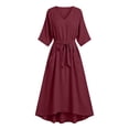 thumbnail image 6 of Uscallm Women Plus Size V Neck 3/4 Sleeve Tie Flowy Boho Maxi Dresses for Women Solid A-Line Long Casual Travel Dresses, Wine 3XL, 6 of 6