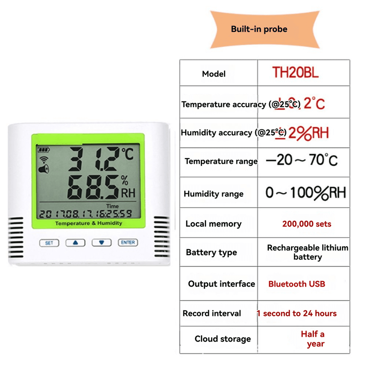 TH20BL Bluetooth Temperature and Humidity Recorder, Intelligent High-Precision Barometric Temperature and Humidity Meter,1 set * Bluetooth thermometer and hygrometer