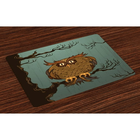 Owl Placemats Set of 4 Exhausted Hangover Tired Owl in Oak Tree with Eyebrows Nature Cartoon Funny Artwork, Washable Fabric Place Mats for Dining Room Kitchen Table Decor,Blue Brown, by (Best Place To Get Exhaust Installed)