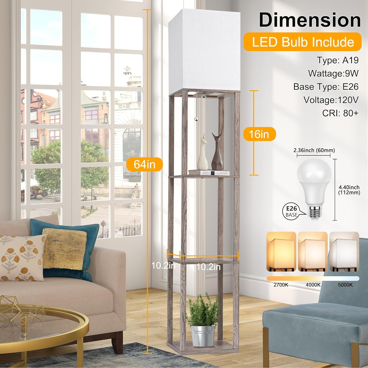 Floor Lamp with Shelves for Living Room, Shelf Floor Lamp with 3 CCT LED Bulb, Corner Display Standing Column Lamp Etagere Organizer Tower Nightstand with White Linen Shade for Bedroom Office
