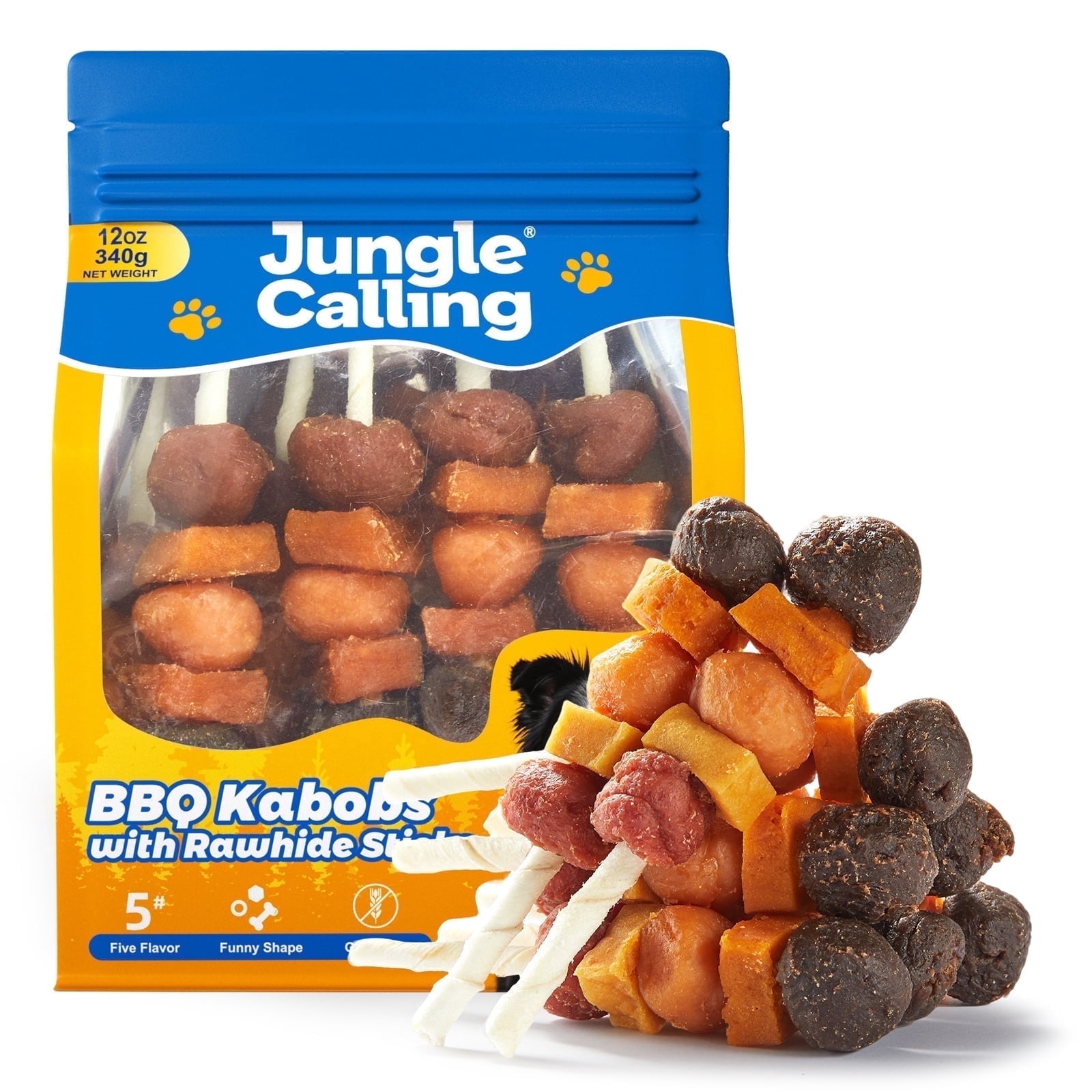 (2 pack) Jungle Calling Dog Treats, Snacks BBQ Kabobs, Chicken,Duck, Beef, Sweet Potato & Pumpkin,Rawhide Sticks 12 oz