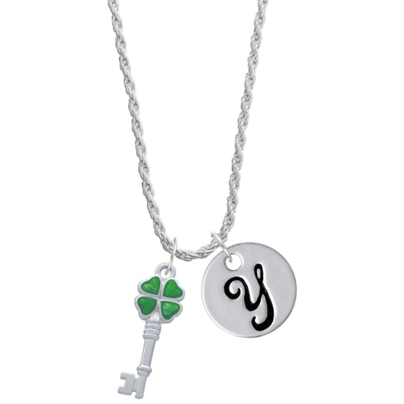 Delight Jewelry Silvertone Translucent Green Lucky Four Leaf Clover Key Silvertone Script Initial Disc - Y - Charm Necklace, 20"+3"
