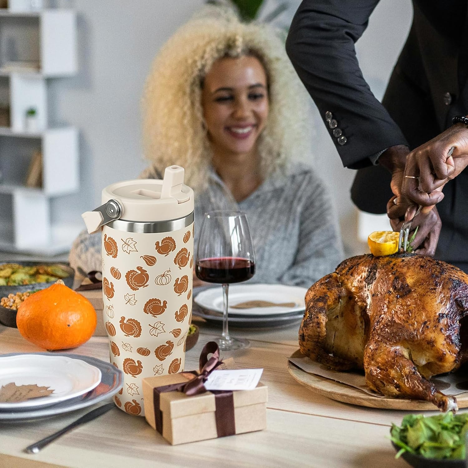 Thanksgiving Tumbler with Handle and Straw PrintTurkey Tumbler Insulated Stainless Steel Cup Coffee Travel Mug Fall Thanksgiving Gifts Decor-30 oz(1PCS)