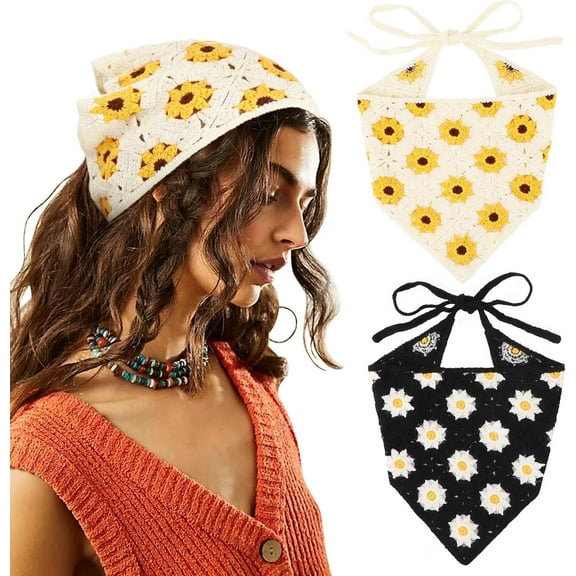 2Pcs Floral Crochet Hair Bandana Tie Knotted Headscarf Vintage Headband Knitted Head Kerchief for Women Girls