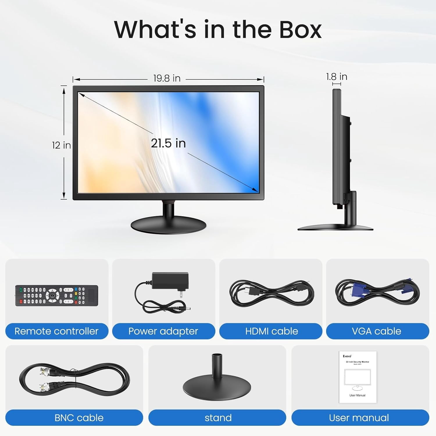 Eyoyo 22inch Video Monitor With HDMI VGA AV BNC USB Input,Speaker,1080P FHD LED Screen, Built- in Speakers, Video Monitor for CCTV NVR DVR