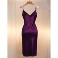 thumbnail image 2 of Purple Satin Bodycon Dress With Pearl-Embellished Spaghetti Straps, Crossover Neckline, Ruched Waist And Side Slit, 2 of 5