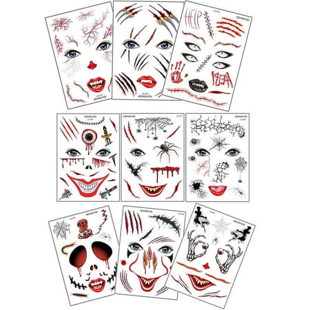 Halloween Temporary Face Tattoo, Day of the Dead Sugar Skull Tattoo 9 Pack, Skeleton Face Tattoo Red Roses Kit for Women Men Kids, Masquerade and Halloween Party Favor Supplies