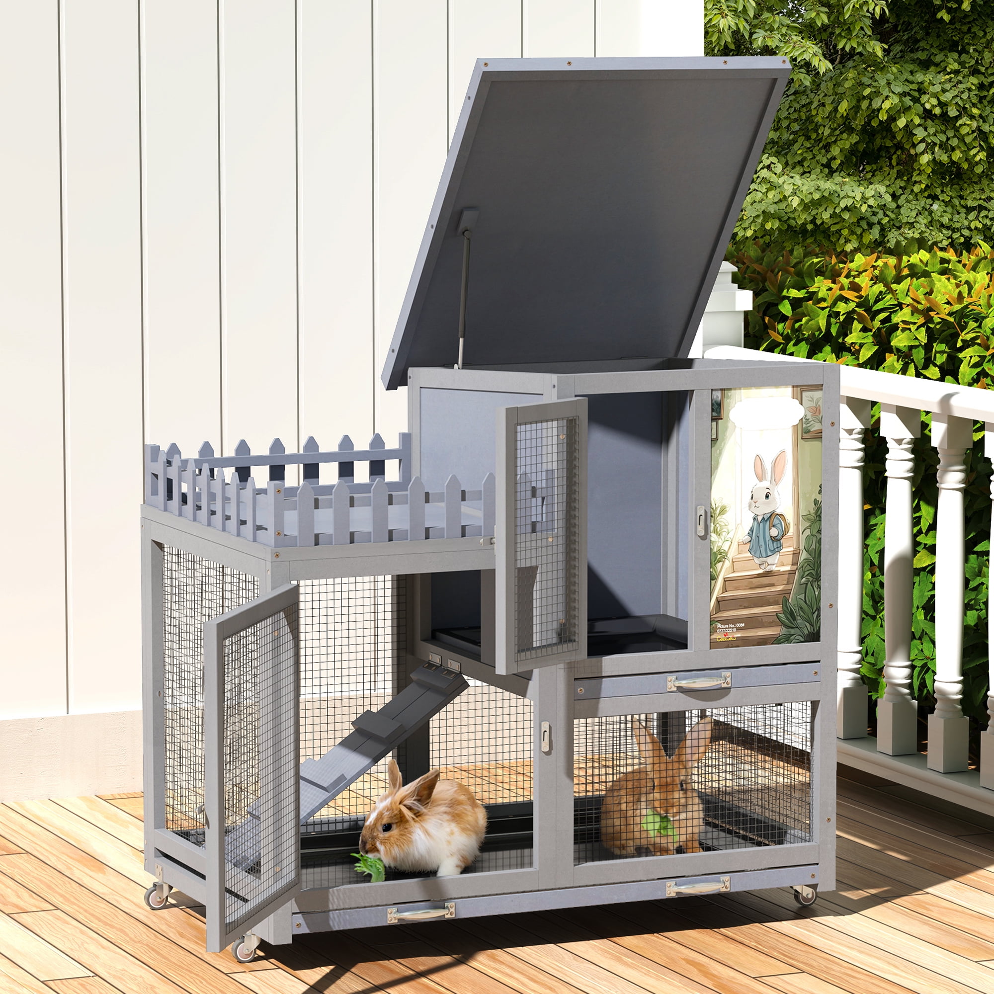 Coziwow Wooden 38inches Rabbit Hutch Bunny Cage Small Animal House with Wheels Indoor&Outdoor, Gray