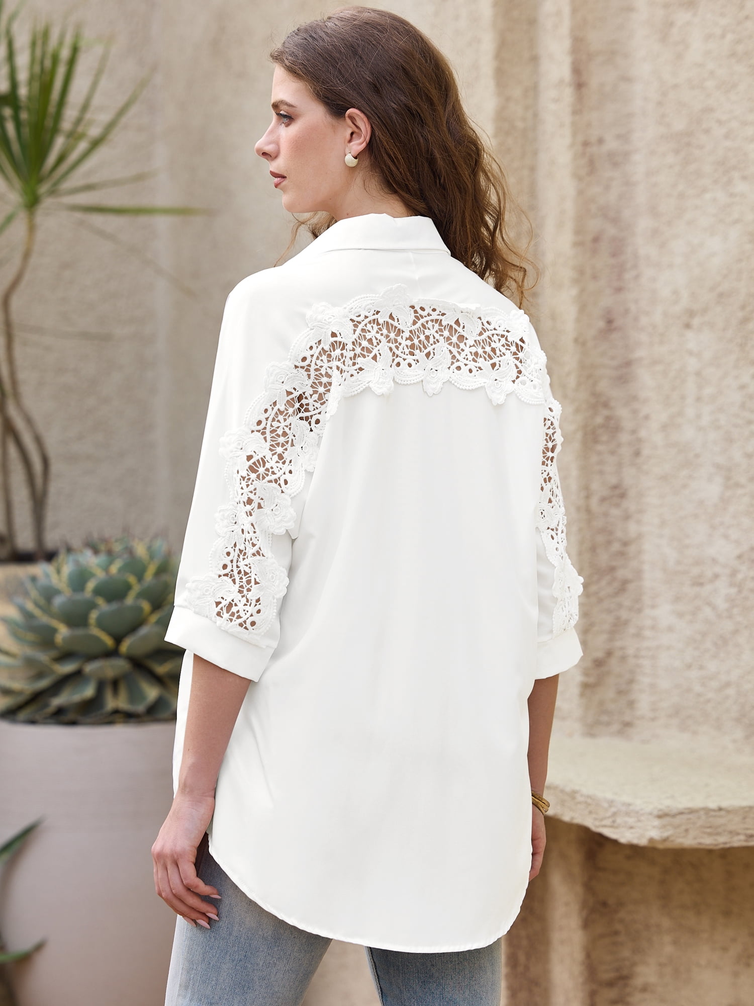 DARING DIVA Women's 3/4 Sleeve Button Down Lace Crochet V Neck Office Blouse L White
