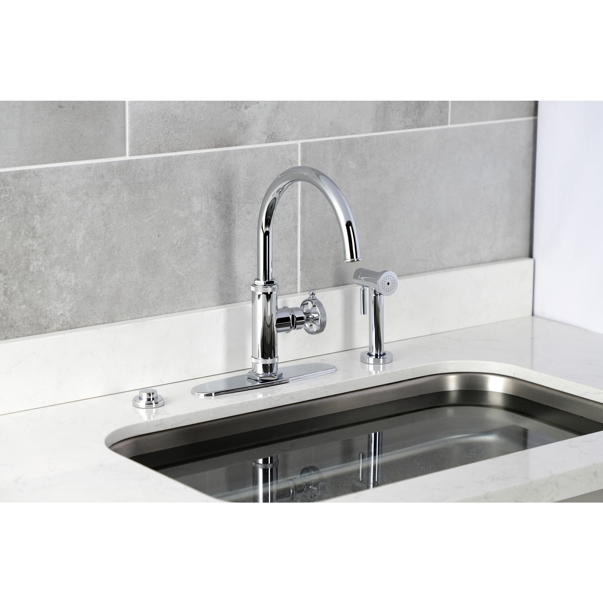Kingston Brass KS2431RKX Webb Single-Handle Kitchen Faucet with Knurled Handle and Brass Side Sprayer, Polished Chrome