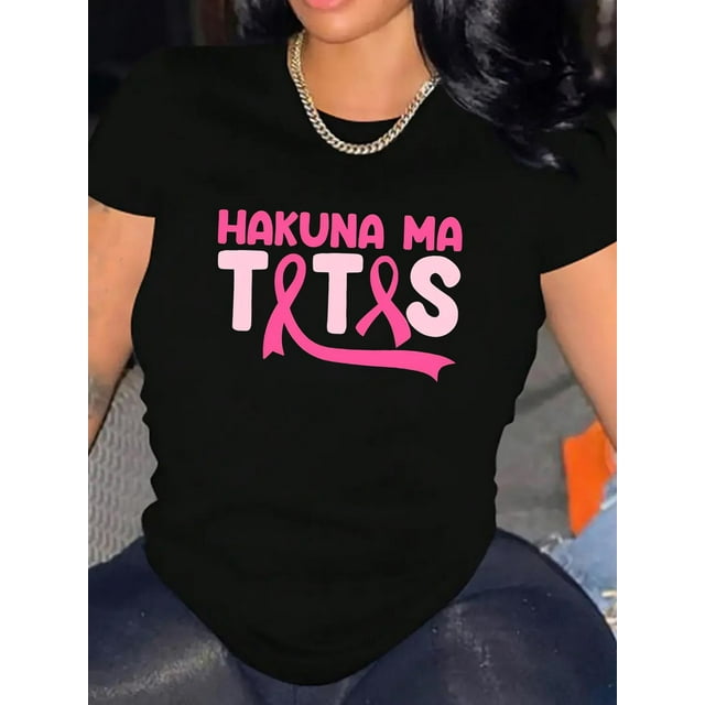 Camiseta de mujer Trajes de verano Traje Camiseta de cuello redondo para viajes de compras deportivas Breast Cancer Awareness Pink Ribbon Graphic Tee - Women's Casual Crew Neck Short Sleeve T-Shir