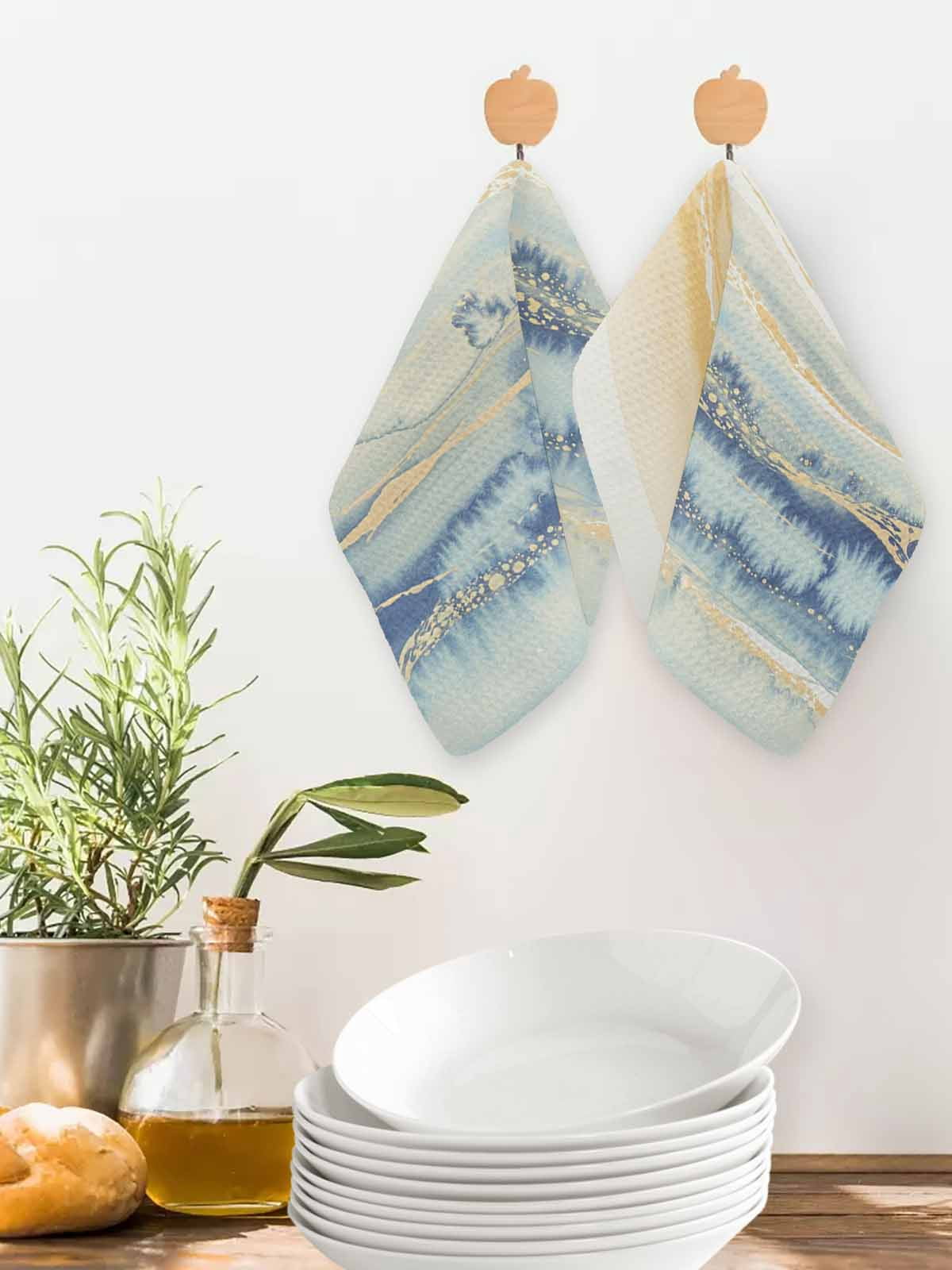 Yellow Blue Ombre Kitchen Dish Towels for Drying Dishes Set of 3, Abstract Modern Art Fluid Striped Waffle Weave Microfiber Hand Tea Bathroom Towels Quick Dry & Absorbent Towel 12x12