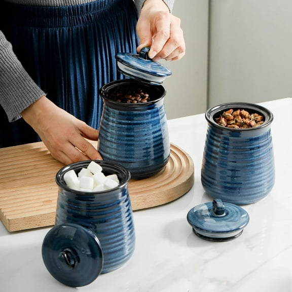 Blue Ceramic Food Storage Jars Set of 3, 25 FL OZ Airtight Kitchen Canisters for Coffee, Tea & Sugar