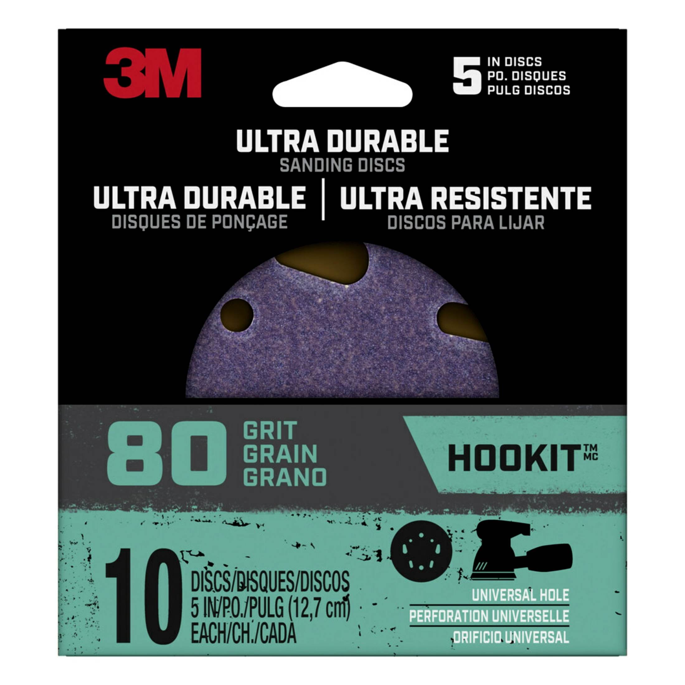 3M Ultra Durable 5 inch Power Sanding Discs, Universal Hole, 80 Grit, 10/Pack