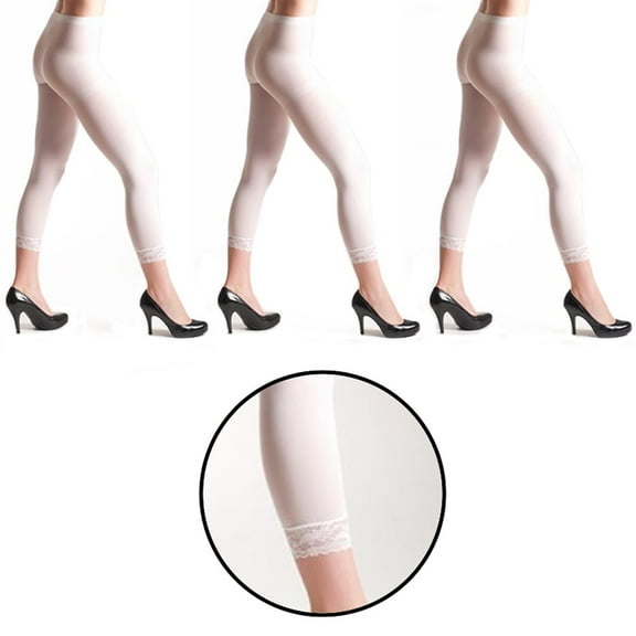 3PC Women Footless Capri Tights Lace Trim Soft Ladies White Opaque Slim One Size