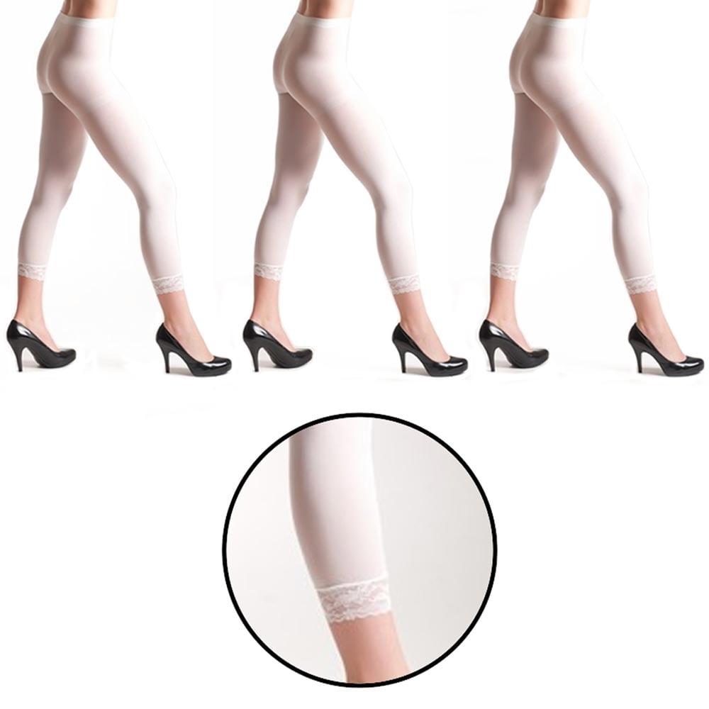3 White Women Footless Capri Tights Lace Trim Soft One Size Ladies