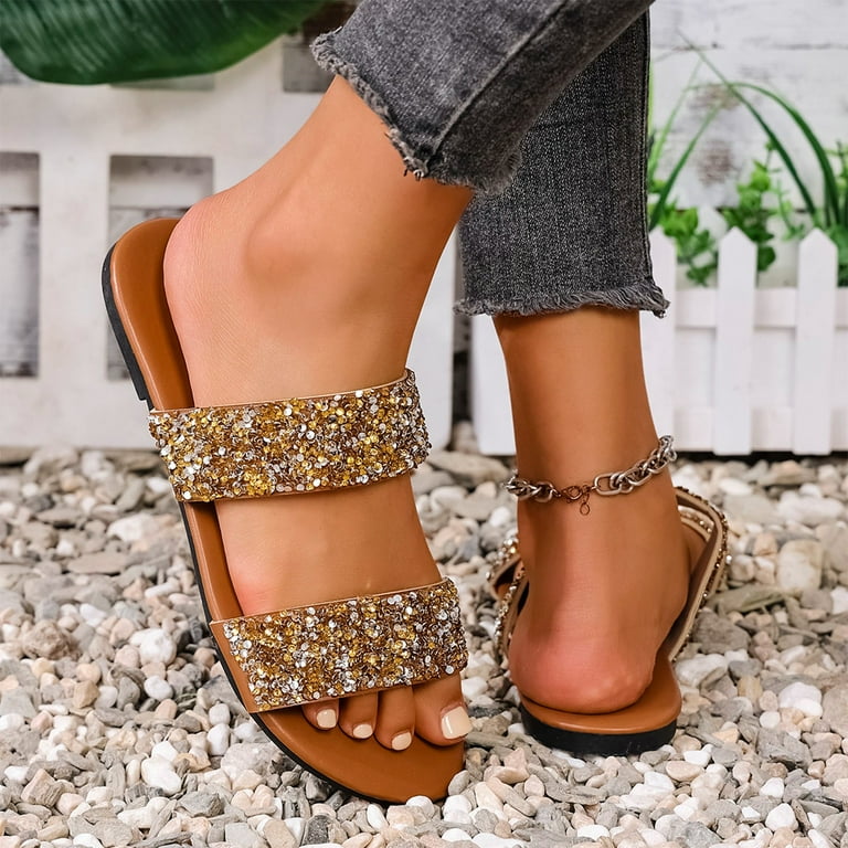 Women's Sparkly Glitter Flats Sandal Sequin Two Band Open Toe Slip