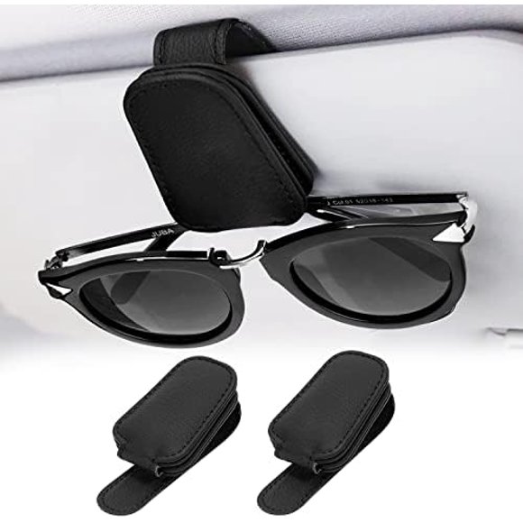 Tian Qi Sunglasses Holders for Car Sun Visor, 2 Pack Magnetic Leather Glasses Eyeglass Hanger Clip for Vehicle SUV, Auto Ticket Card Clip Eyeglasses Mount, Car Visor Accessories (Black)