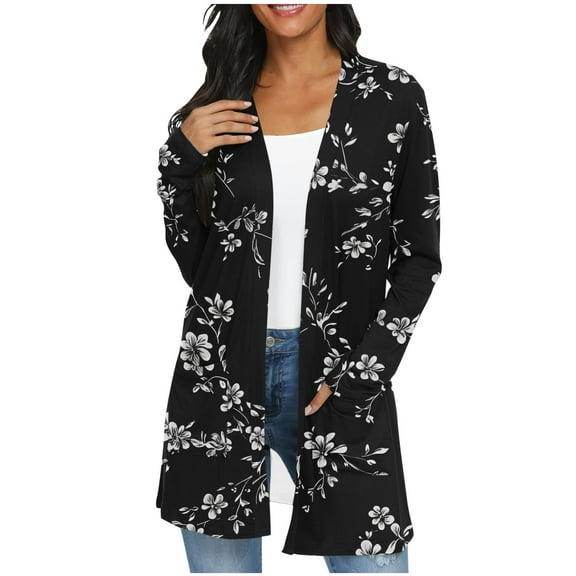 Idoravan Cardigans for Women Trendy Spring Women's Jacket Daily Holiday Workout Crop Cardigan Open Stitch Coat Casual Long Sleeve Floral Print Top Black M