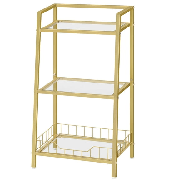 HOOBRO Gold Glass Shelf Stand, 3 Tier Standing Shelf Unit, Bathroom Organizer and Storage, Floor Storage Shelves Waterproof, for Bathroom, Laundry, Toilet, Tempered Glass, Gold GD77CJ01