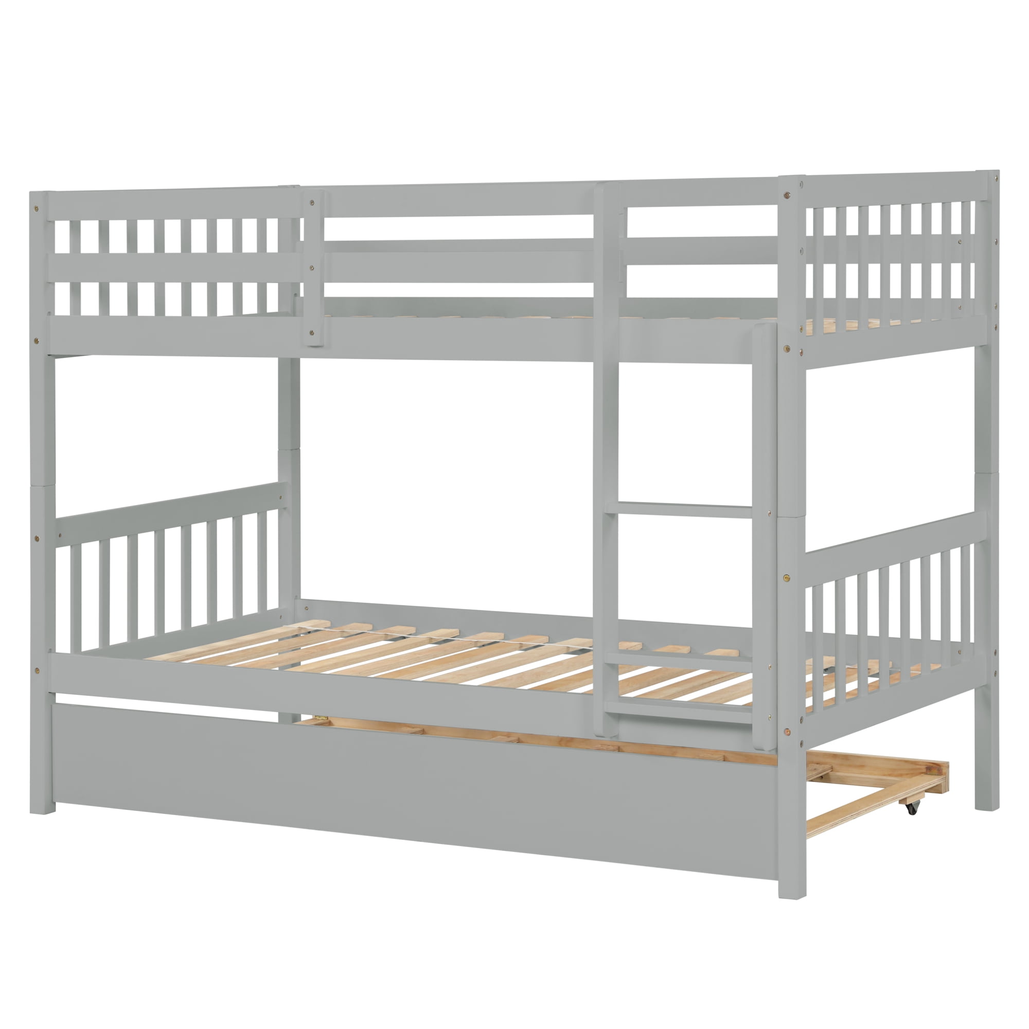 Leumius Twin over Twin Size Bunk Bed Frame with Trundle, Twin Size Bunk Bed with Ladder and Safety Guardrails for Boys Girls Grey