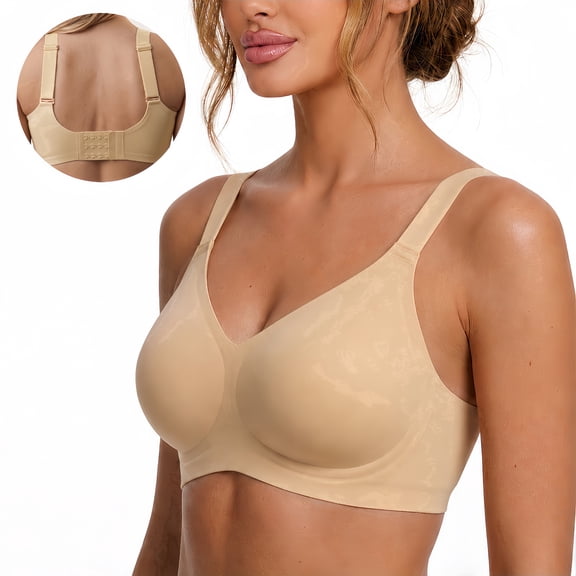 Roszoe Wireless Bra, No Underwire Seamless Full Coverage Bras, Comfortable Supportive Tshirt Bralette for Women, Plus Size(Nude-L)