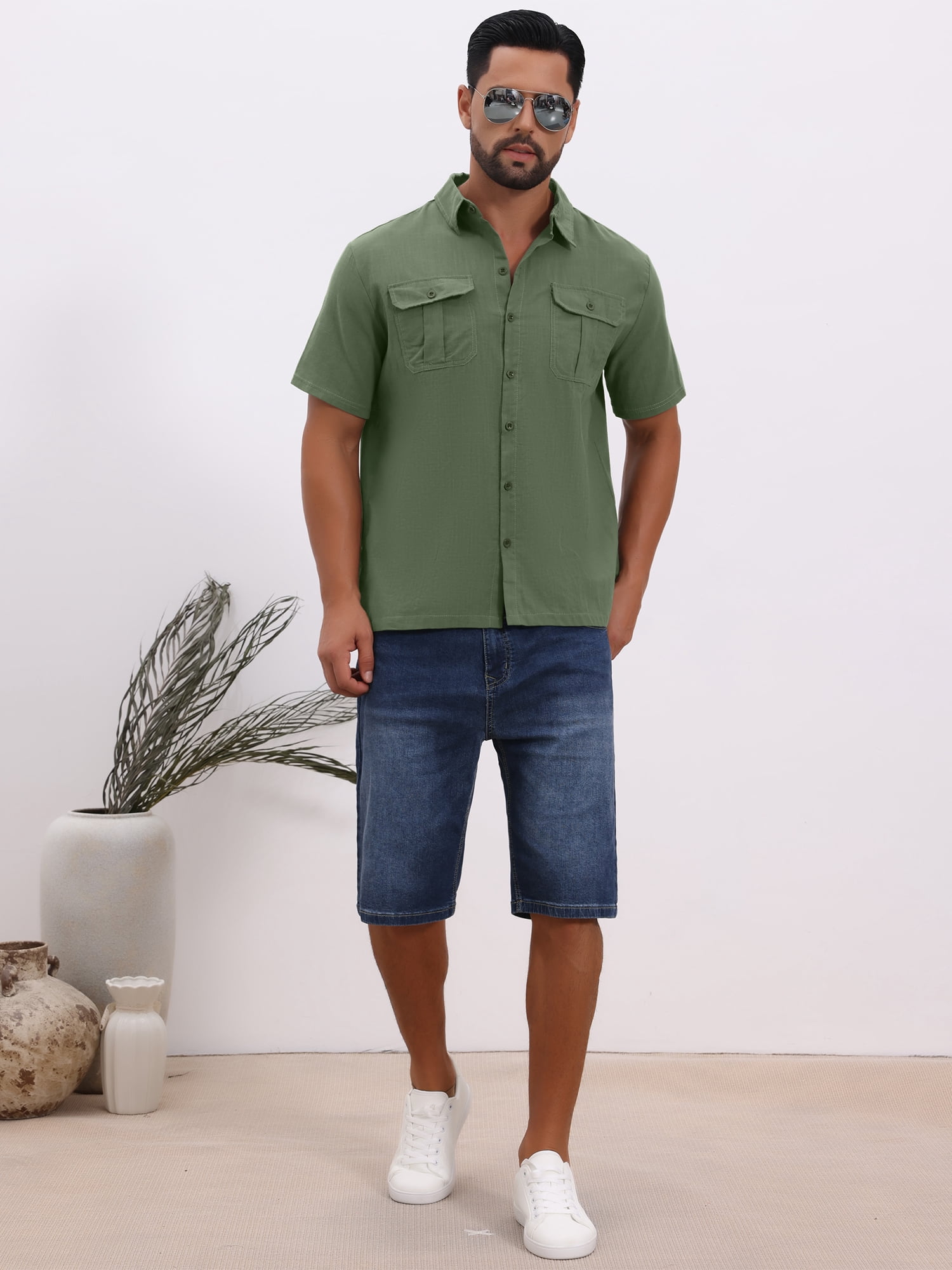 DARING DIVA Men's Solid Color Short Sleeve Button Down Linen Shirt 3XL Olive Green