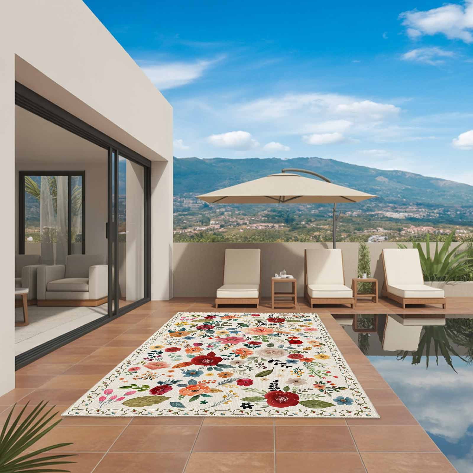 Watercolor Flowers Outdoor Rug 5x7 Ft, Non Slip Washable Area Rug, Rustic Spring Floral Botanical Beige Patio Rugs Carpet Runner, Large Floor Mat for Indoor/Outdoor Deck Porch Camping