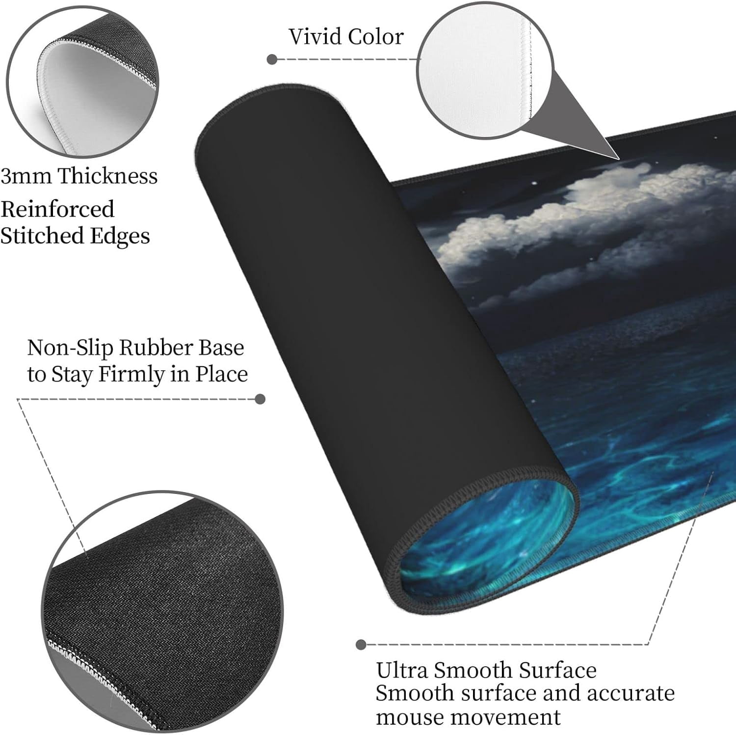 Blue Clear Ocean Moon Mouse Pad XL Extended Desk Mat, Non Slip Rubber Base Stitched Edge Gaming Pc Desktop Large Mice Pad,31.5 x 11.8 Inch
