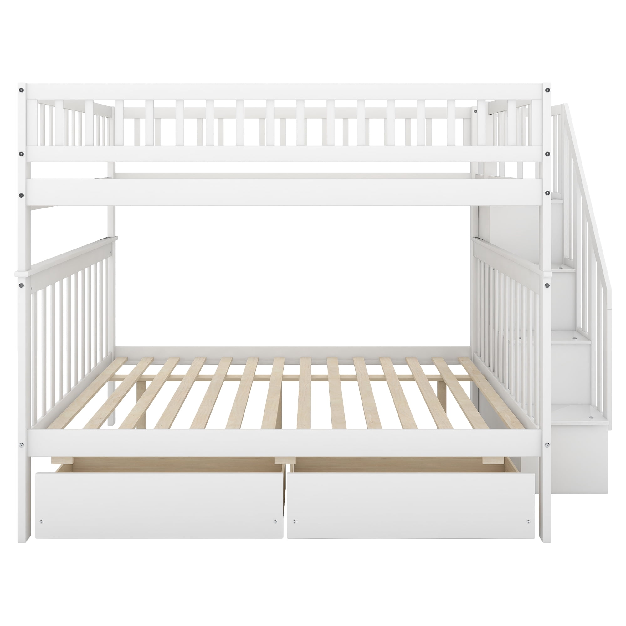 Euroco Full over Full Bunk Bed with Storage Shelves and 2 Under Storage Drawers for Kids Teens Room, White