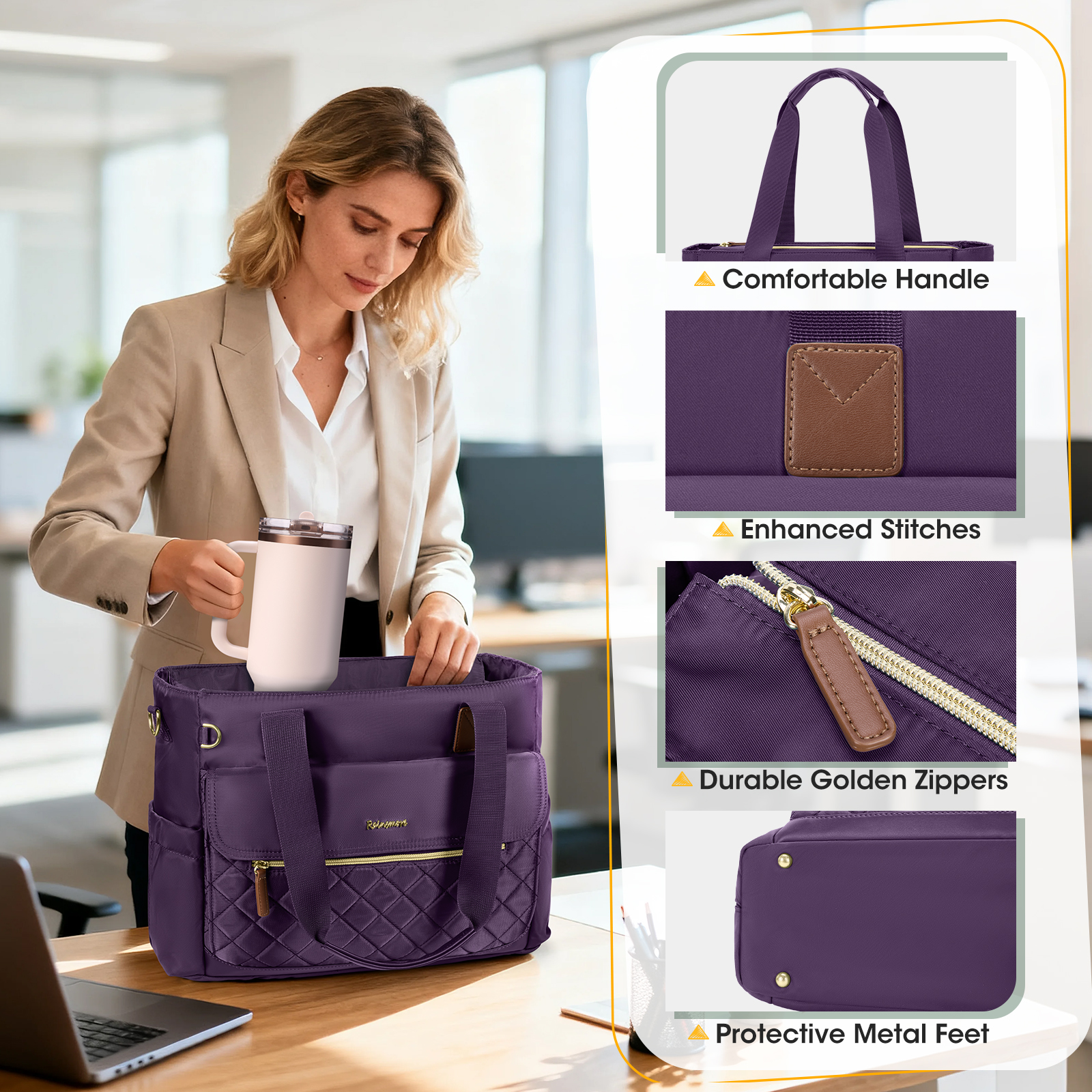 RAINSMORE Teacher Tote Bag 15.6 inch Laptop Bag for Women with Small Bag Professional Work Tote Bags Nurse Bag Computer Briefcase,Deep purple