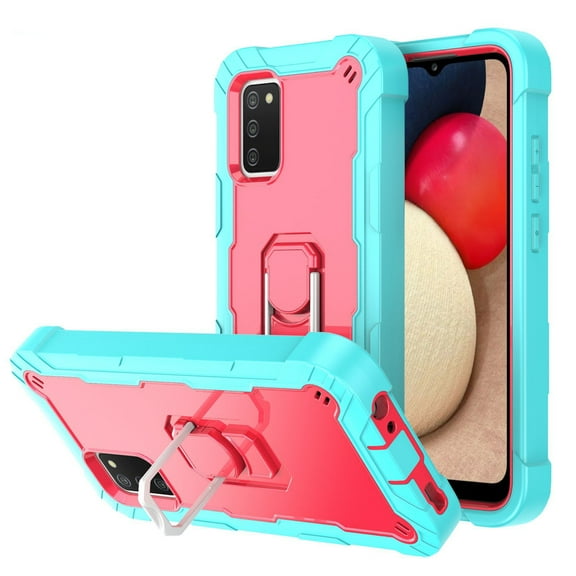 For Samsung Galaxy A02s PC Rubber 3-layers Shockproof Protective Case with Rotating Holder(Mint