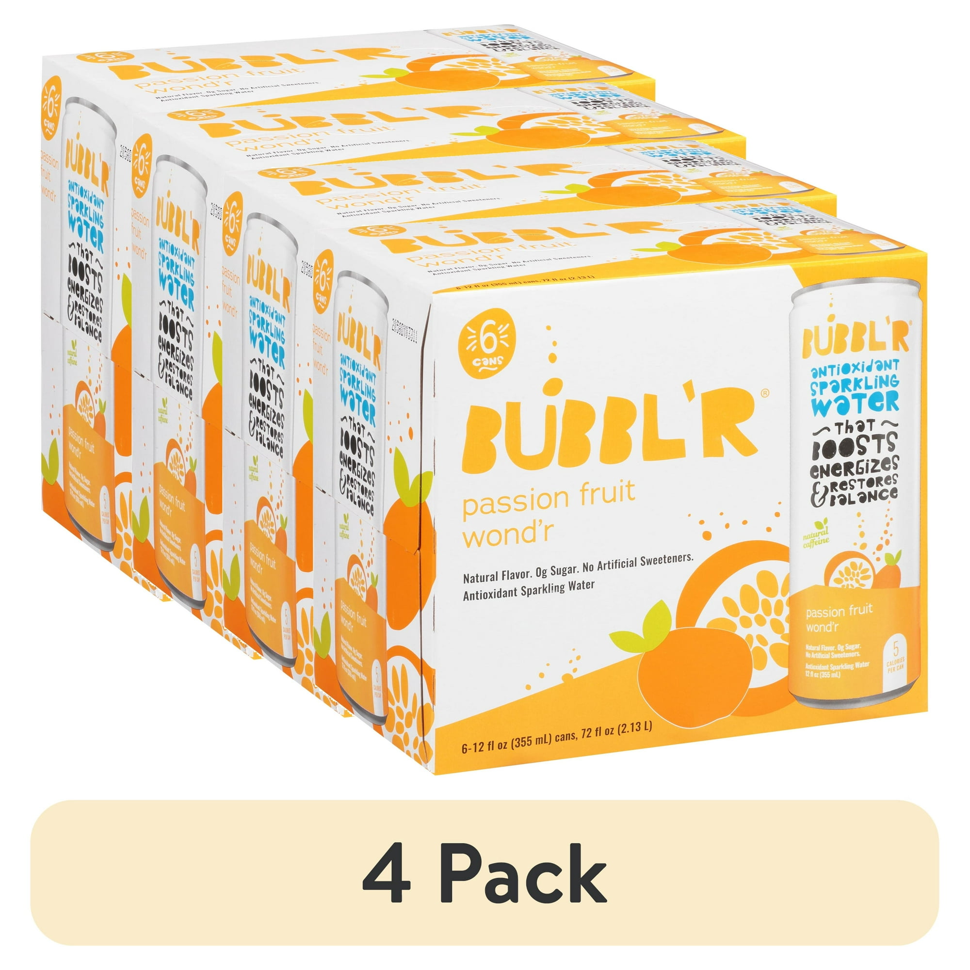 (4 pack) BUBBL'R Antioxidant Sparkling Water, Passion Fruit Wond'r, 12 fl oz, 6 Pack Cans