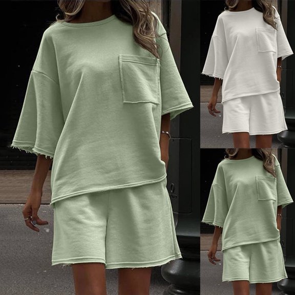 Htigea Women's 2 Piece Loungewear Sets Casual Short Sleeve Womens Tops Drawstring Shorts Pants Sets Today Sales Green,L