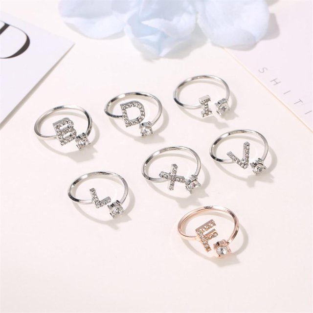 Anillos iniciales con incrustaciones de cristal ajustables, anillo con letra inicial para anillo con letra inicial, anillos de aleación de plata con alfabeto de primera línea