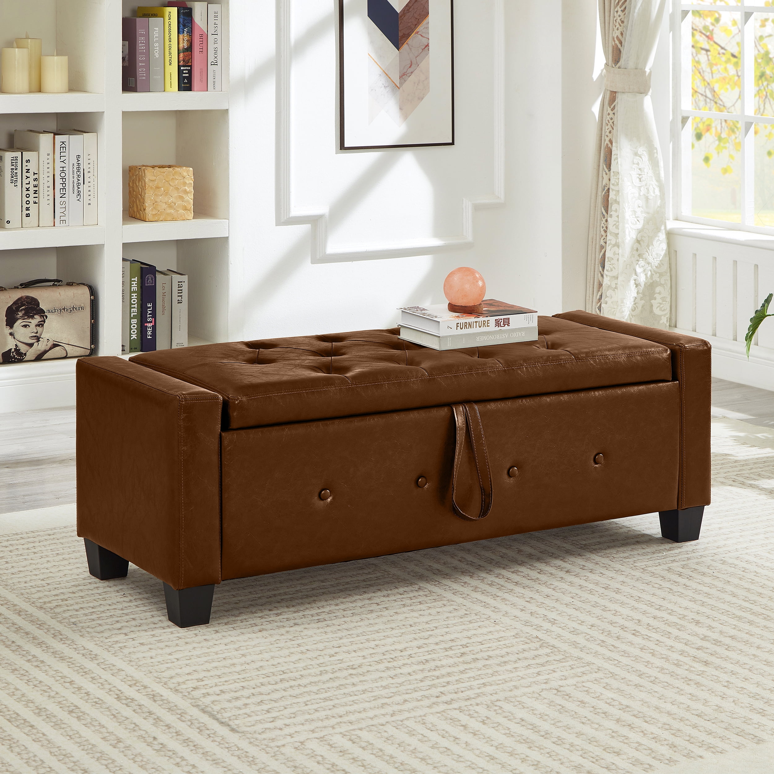 Faux Leather (PU) Storage Ottoman Bench, Features Tufted Upholstery and a Lift-Top for Spacious Hidden Storage, Multi-Purpose Bench for Any Room, Brown (48"L x 18.1"W)