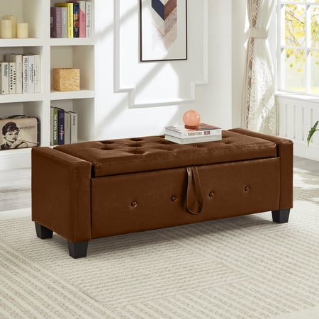 48 Ottoman Bench with Storage Upholstered Faux Leather PU Tufted Storage Ottoman for Bedroom Living Room Entryway Brown